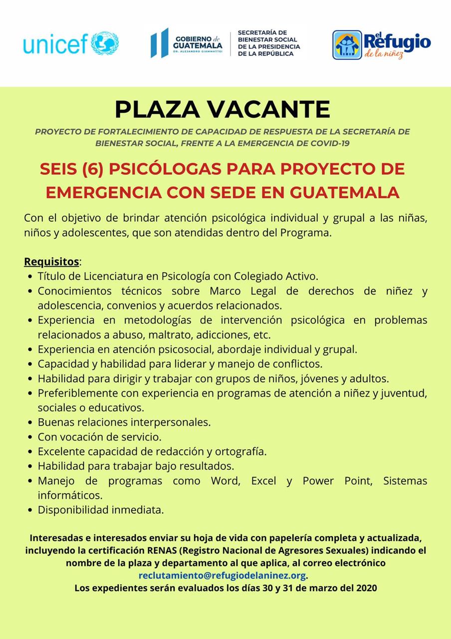 Plaza Vacante: Seis (6) Psicólogas