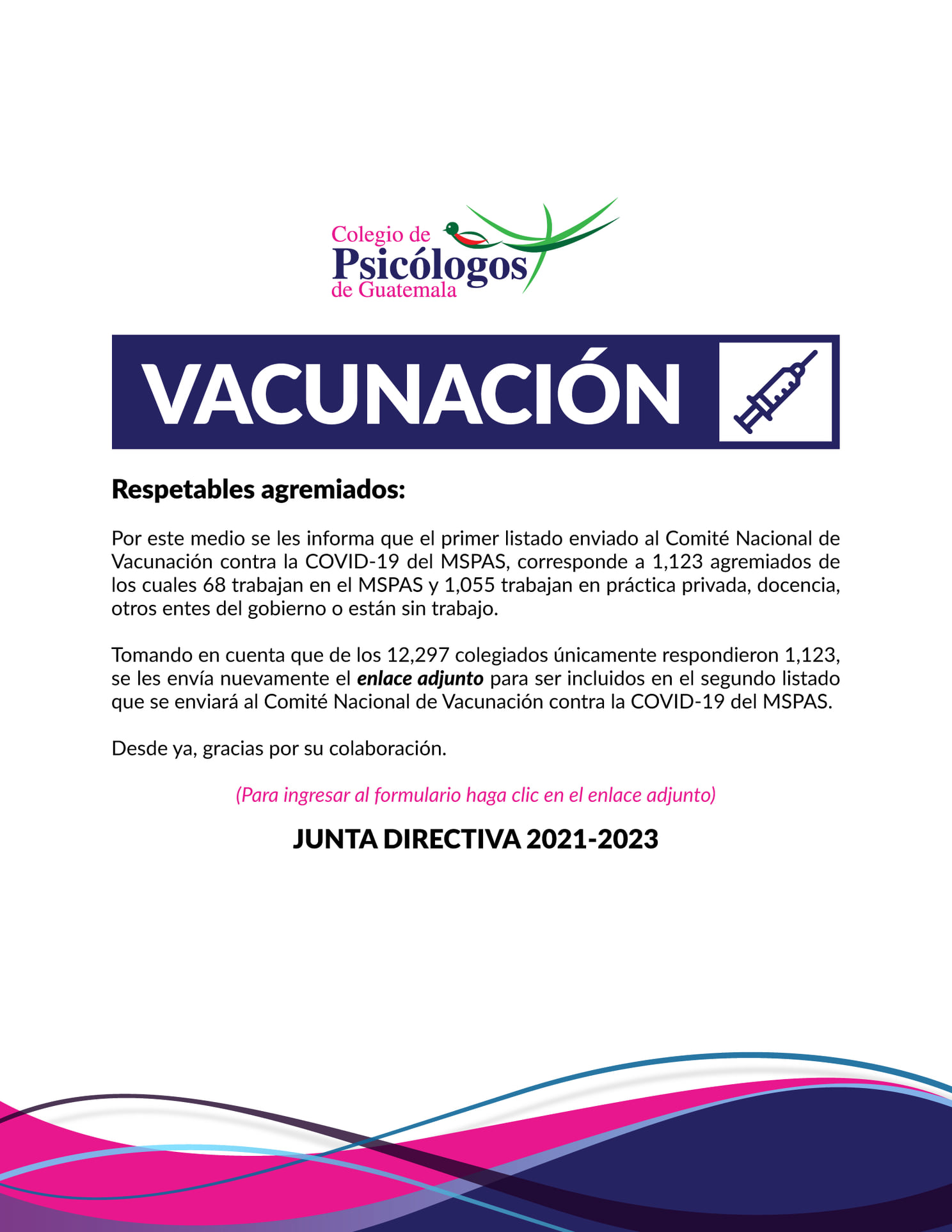 Listados Enviados Al Comite Nacional De Vacunacion Contra La Covid 19 Del Mspas Colegio De Psicologos De Guatemala